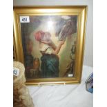 A framed and glazed picture of lady feeding a horse