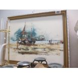 A framed oil on canvas of Beach Scene with Boat