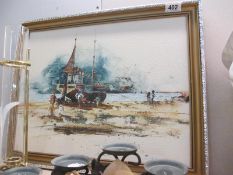 A framed oil on canvas of Beach Scene with Boat