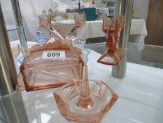 An Art Nouveau glass dressing table set including candlesticks