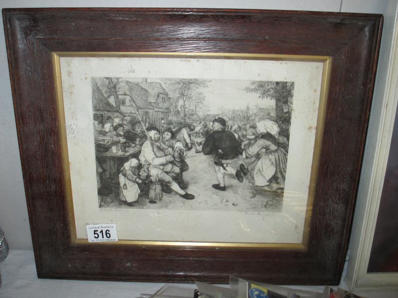 A framed and glazed print of an old street fair scene