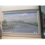 A framed oil on canvas of River Scene with industrial hinterland