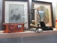 A copper planter and fireplace related items