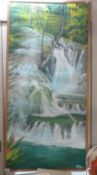 A large oil on canvas of a cascading waterfall