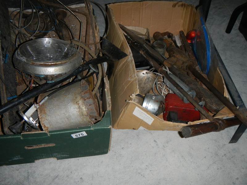 2 boxes of old car tools, parts etc.