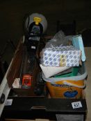 A box of miscellaneous including spray gun, plane, screws etc.