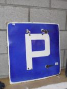 An enamel 'P' parking car park road sign.