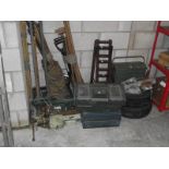 A mixed lot including ramps, winch, tool boxes, large bench vice etc.