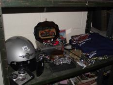 A quantity of Harley Davidson memorabilia including flag, sweaters, models, helmet etc.