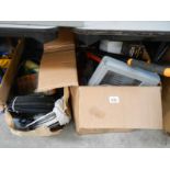 2 boxes of miscellaneous tools including clamps, drill bits, sandpaper, hose, wire etc.