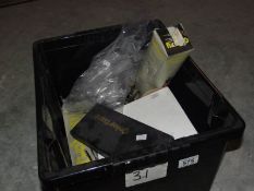 A box of tools etc., including hole saw, door handles, 2 Galaxy multi purpose lamps etc.