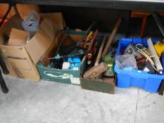 4 boxes of miscellaneous tools including sledge hammers, battery charger, power steering pump etc.