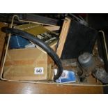 A box of miscellaneous parts including SU carb, distributor etc.