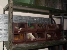 A metal rack of 10 storage boxes and contents.