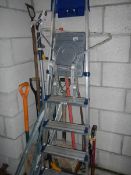 A quantity of garden tools, alloy step ladder etc.