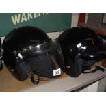 2 black Viper open face helmets with 3 spare peaks and 2 storage bags.