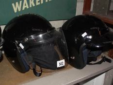 2 black Viper open face helmets with 3 spare peaks and 2 storage bags.