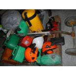 Pallet contents including chain saw, fuel cans, tools etc.