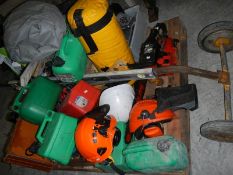 Pallet contents including chain saw, fuel cans, tools etc.