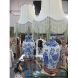 Two blue and white Oriental style lamps with shades