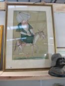 A framed and glazed painting on silk of Traveller on Donkey