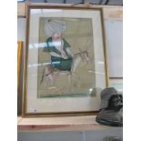 A framed and glazed painting on silk of Traveller on Donkey