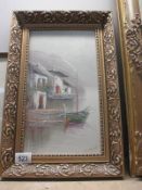 A gilt framed oil on canvas European school - Harbour scene - signed but indistinct