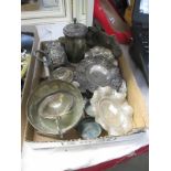 A collection of silver plate plates,