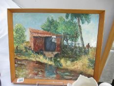 A framed oil on board Shack on River signed J King