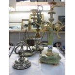 Two candelabras and a weighing scales