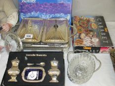A collection of silverplate items including serving dishes and Grenadier Silversmiths condiment set