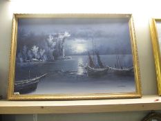 A gilt framed oil on canvas Nautical scene at Night signed but indistinct