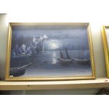 A gilt framed oil on canvas Nautical scene at Night signed but indistinct