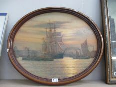 An oval framed painting of a tall ships and ships on the Thames