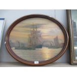 An oval framed painting of a tall ships and ships on the Thames