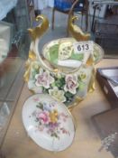 Three china items including plate and bowl and Capodimonte flower