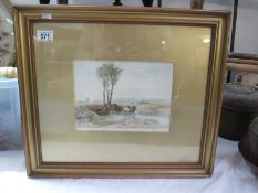 A framed and glazed watercolour of Ponies Crossing a Stream