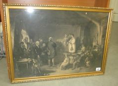 A gilt framed print of children in school / workhouse being observed