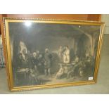 A gilt framed print of children in school / workhouse being observed