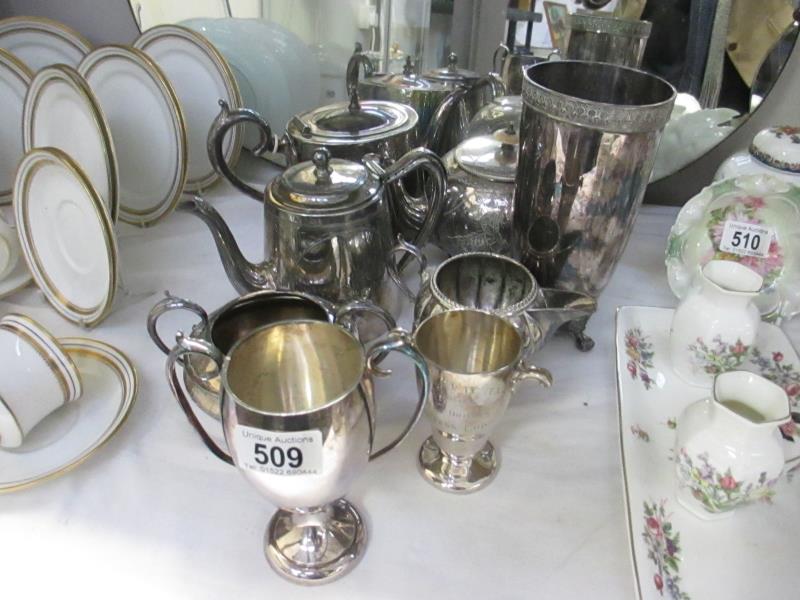 A collection of silver plate items including teapot and coffee pot