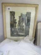 A framed and glazed print of a European Street Scene