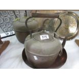 2 copper kettles and copper bowl