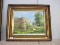 A gilt framed oil on board of House with Moat signed L Elliott