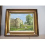 A gilt framed oil on board of House with Moat signed L Elliott