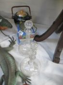 2 glass decanters and 2 old biscuit barrels
