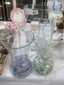3 glass vases and other glassware