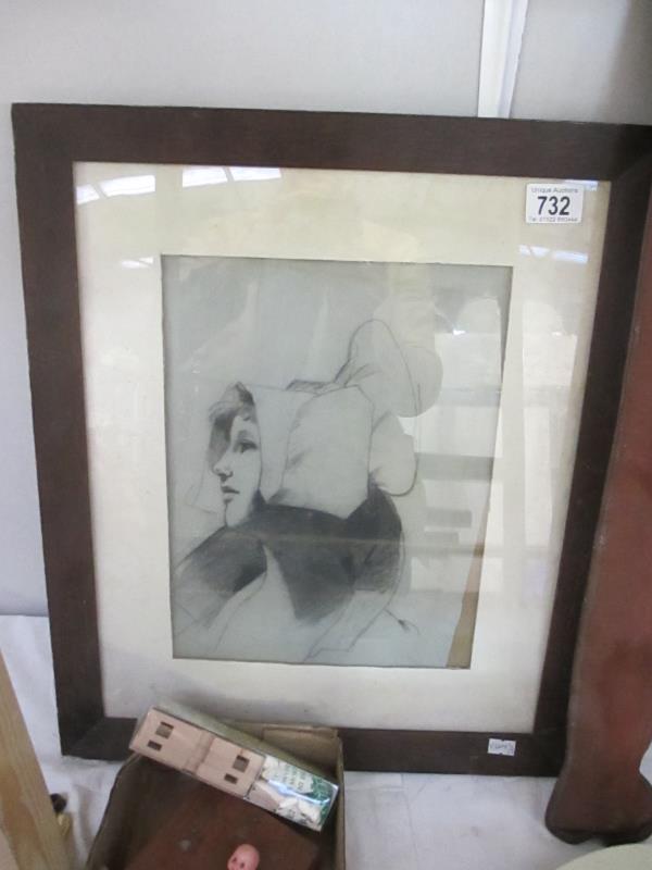 A framed and glazed pencil style drawing of a Lady in Bonnet