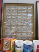 A framed and glazed cigarette card display featuring aviation