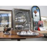 A silver plate kettle on stand and other silver plate items