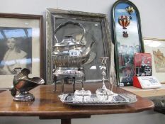 A silver plate kettle on stand and other silver plate items
